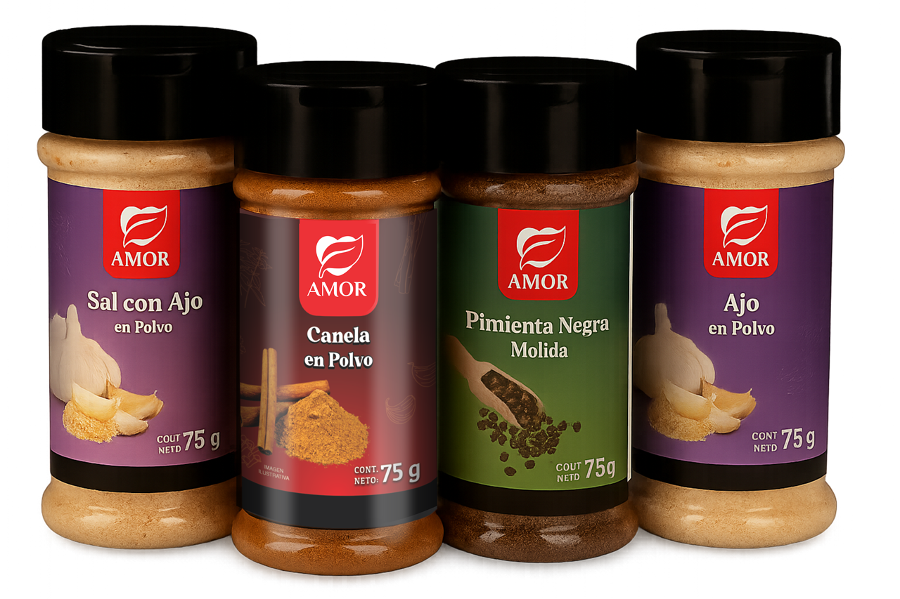 Especias AMOR — Sal con Ajo, Canela, Pimienta, Ajo en Polvo